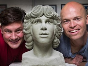 Danny Barber, left, and John-Philippe Smith, seen with a bust of Jim Morrison, say the Canadian Stone Carving Festival will have 38 participants this year, up from 25 in 2013.