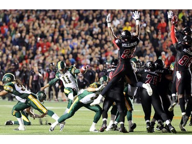 Edmonton's Grant Shaw kicks for the 10-8 win over Ottawa during the Ottawa Redblacks Friday night matchup against the Edmonton Eskimos at TD Place in Ottawa, August 15, 2014.