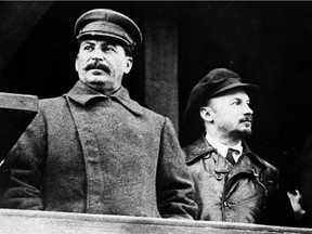 FILE - From left to right, former Russian leader Josef Stalin and Soviet politician Nikolai Bukharin are seen Nov. 21, 1930. (AP Photo, File)
