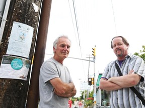 Green Door Restaurant owner Ron Farmer, left, and Stephen Pope are among those who have issues with Hydro Ottawa and its future hydro poles ahead of construction on Main Street.