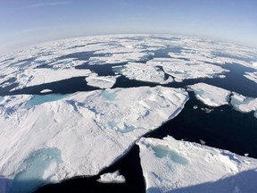 Ice floes float in Baffin Bay between Canada and Greenland above the Arctic circle.