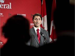 Liberal leader Justin Trudeau addresses the news media in Edmonton Wednesday.