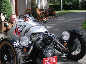 Norwegian Ambassador Mona Brother and her husband Asmund Baklien in her three-wheeler Morgan, the first and only one in Canada, built in 1911.