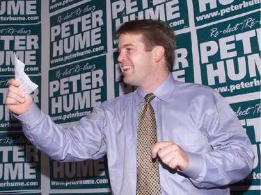 Peter Hume celebrates his win in the Alta Vista ward of the new greater Otawa municipal elections on November 13, 2000.