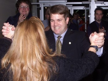 Peter Hume wins in the Alta Vista ward of the new greater Otawa municipal election on November 13, 2000. He is greeted at his campaign HQ by his sisiter Kathryn Lefler.