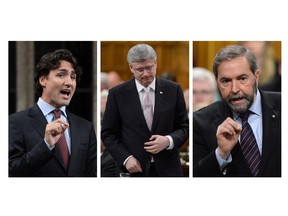 (L-R) Liberal leader Justin Trudeau, prime minister Stephen Harper and NDP leader Tom Mulcair.