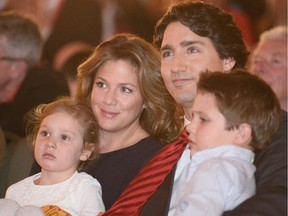 Leader of the Liberal party, Justin Trudeau and his family at the 2013 Liberal Leadership announcement event on April 14, 2013.