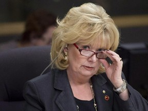 Senator Pamela Wallin, chair of the National Security and Defence committee, adjusts her glasses at the start of a meeting, Monday February 11, 2013 in Ottawa. The prime minister is defending yet another senator who has come under scrutiny for her expense claims.Stephen Harper says he's reviewed Conservative Sen. Wallin's travel bills and they appear to be in line.