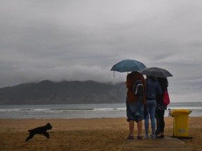 People look at the landscape as they shelter from the rain with their umbrellas as a dog plays on the seaside beside them, in Laredo, northern Spain, Monday, Aug. 11, 2014.