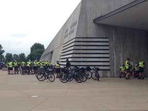 Police gather at the War Museum to await Thursday afternoon's protests.
