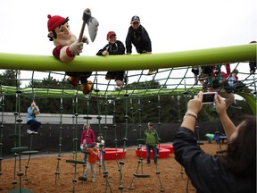 Redblacks mascot Big Joe tried out the play structure at a community picnic and fair at Lansdowne Park on Aug. 16. But opening of the play area was delayed by bad weather until Friday, Aug. 29.