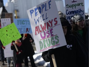 Supporters of the Campaign for Safer Consumption Sites in Ottawa gathered at the Parliament Hill to voice their support for growing demand for a supervised injection site in the city on Sunday March 24, 2014.