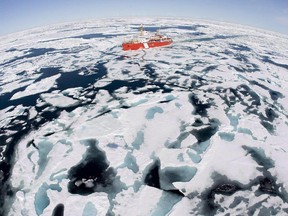 The Canadian Coast Guard icebreaker Louis S. St-Laurent makes its way through the ice in Baffin Bay on July 10, 2008.