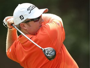 Brad Fritsch of Canada plays his tee shot on the eighth hole during the third round of the Wyndham Championship at Sedgefield Country Club on August 16, 2014 in Greensboro, North Carolina.