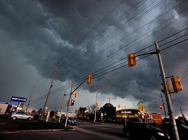 Storm clouds and severe weather threaten commuters and pedestrians along Merivale Rd. Photo taken at 15:53 on September 5, 2014.
