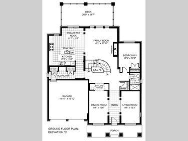 The main floor is 1,806 square feet and features defined formal and informal spaces separated by a semi-circular staircase. There's also a flex space that could be either a bedroom with adjacent three-piece bath or an office.