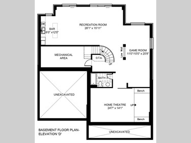 The basement level floor plan is 1,556 square feet and includes a home theatre plus two other TV viewing areas — one for children; one for adults — a games area and an elaborate bar. The walkout to the backyard means the basement is loaded with windows and filled with natural light.