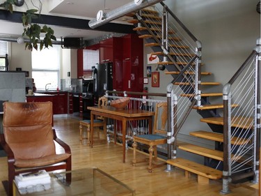 One of the focal points of the Gordon Street home is the industrial staircase with spruce treads, steel pipe handrails and steel cable for spindles, and held together with scaffold key clamps, which are often used to build stage props — a nod to the owner’s theatre roots.