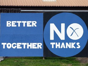A No sign is displayed in Eyemouth, Scotland, Monday, Sept. 8, 2014. Polls predict a very close vote in the upcoming landmark referendum on Scottish independence from Britian on September 18.