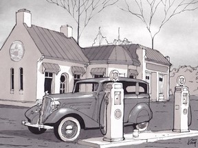 A sketch of the former gas station at the corner of Island Park Drive and Richmond Road showing how it might have looked during its heyday.