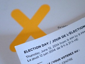 A voter card is pictured on election day in Ontario on Thursday June 12, 2014.
