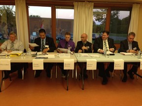 Bay ward candidates at Thursday night's debate, from left: Alex Cullen, George Guirguis, Brendan Mertens, Michael Pastien, Trevor Robinson and Mark Taylor.