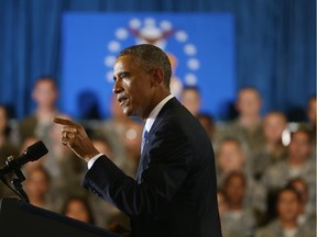 U.S. President Barack Obama speaks during a visit to the U.S. Central Command at the MacDill Air Force Base on September 17, 2014 in Tampa, Florida. Obama visited the base to receive a briefing from his top commanders at CENTCOM, on the strategy to degrade and destroy ISIL.