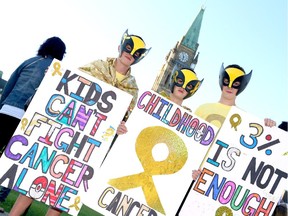 L-R Brothers 11 year old Jacob, 8 year old Isaac, and a cancer survivor and 14 year old Matthew Ciarolo, dress as super heroes in recognition of Childhood Cancer Awareness month and Childhood Cancer Awareness day on Parliament Hill September 07, 2014.