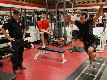 Clarke MacArthur leaps as the Ottawa Senators are given medicals and tested for strength and conditioning.