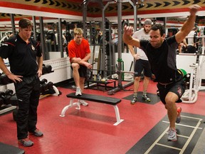 Clarke MacArthur leaps as the Ottawa Senators are given medicals and tested for strength and conditioning.