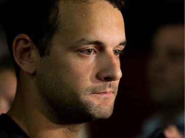 Clarke MacArthur talks to the media as the Ottawa Senators are given medicals and tested for strength and conditioning.