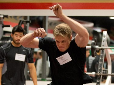 Colin Greening does the long jump as the Ottawa Senators are given medicals and tested for strength and conditioning.