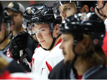 Curtis Lazar, middle, of the Ottawa Senators practices during morning skate at the Canadian Tire Centre.