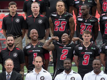 Defensive back Jovon Johnson (2) hams it up as the Ottawa Redblacks had their official team photos taken at TD Place.