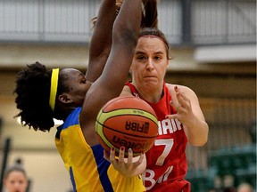 Courtnay Pilypaitis (right) and Brazil's Clarissa Santos (left) battle for the ball during game action earlier this summer.