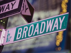 This Jan. 19, 2012 file photo shows a Broadway street sign in Times Square, in New York.