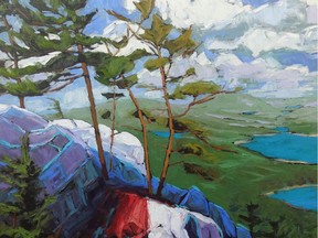 Emeraudes sauvages- oil on canvas- by -Gordon Harrison- who leads 30 artists into the forest for a weekend of -creating art near L'Ange Gardien Sept. 5 to 7.