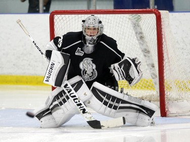 Gatineau Olympiques' G Anthony Brodeur (39) makes a save during pre-season junior hockey action vs. Ottawa 67's at the Nepean Sportsplex in Ottawa, Saturday, September 6, 2014.