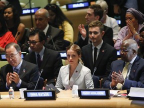 UN Women Goodwill Ambassador Emma Watson (C ) attends the HeForShe campaign launch at the United Nations on September 20, 2014 in New York, New York.