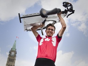 Joseph Boutilier, 24, of Victoria, B.C., completed his 5,000-kilometre trek by unicycle to Parliament Hill on Monday.