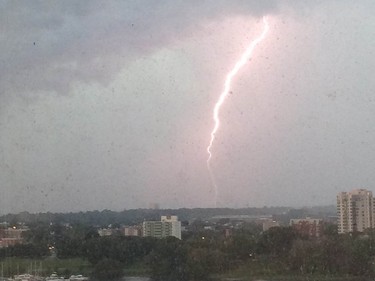 Lightning strike during a thunderstorm that passed through the Ottawa area late in the afternoon of Friday, September 5, 2014.