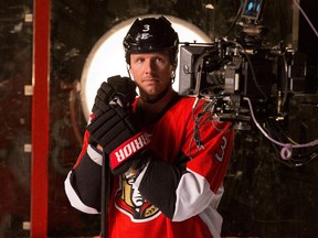 Marc Methot looks into the lens while shooting promos for Sportsnet television as the Ottawa Senators are given medicals and tested for strength and conditioning. 118342 // Photo taken at 10:43 on September 18, 2014. (Wayne Cuddington/Ottawa Citizen)