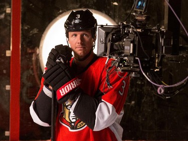 Marc Methot looks into the lens while shooting promos for Sportsnet television as the Ottawa Senators are given medicals and tested for strength and conditioning.