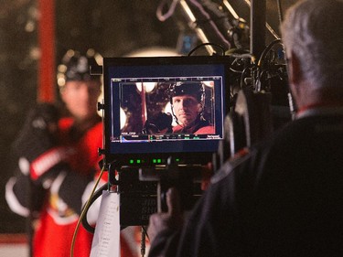 Marc Methot looks into the lens while shooting promos for Sportsnet television as the Ottawa Senators are given medicals and tested for strength and conditioning.