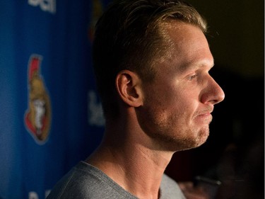 Marc Methot talks to the media as the Ottawa Senators are given medicals and tested for strength and conditioning.
