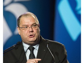 Mario Beaulieu speaks to supporters in Montreal Saturday, June 14, 2014 after being named new leader of the Bloc Quebecois.