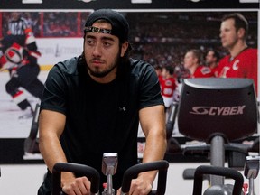 Mika Zibanejad rides the stationary bike as the Ottawa Senators are given medicals and tested for strength and conditioning.