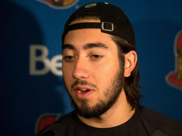 Mika Zibanejad talks to media as the Ottawa Senators are given medicals and tested for strength and conditioning.