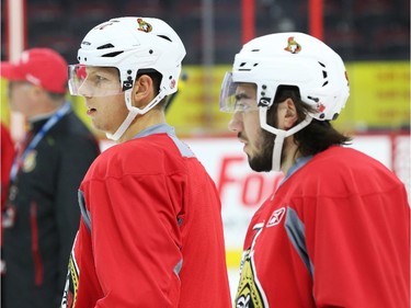 Alex Chiasson, left, and Mika Zibanejad of the Ottawa Senators during morning skate at the Canadian Tire Centre.