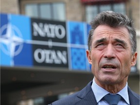 NATO Secretary General Anders Fogh Rasmussen talks to reporters at the NATO Summit on September 4, 2014 in Newport, Wales.